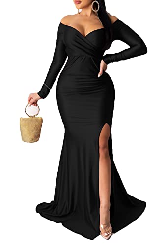 Vakkest Women's Off Shoulder Prom Evening Gowns Sexy High Split Maxi Dress Long Sleeve Cocktail Wedding Guest Dresses