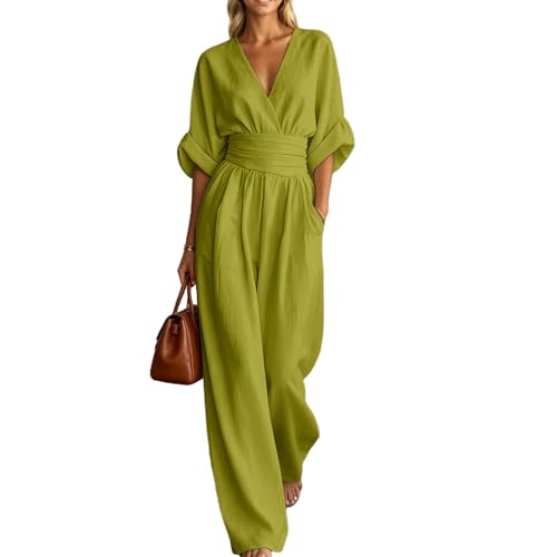 Mono formal de negocios para mujer con escote cruzado y elegantes pantalones palazzo modernos