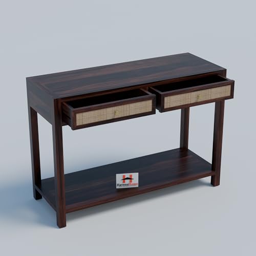 Image of Solid Wood Console Table with 2 Drawers & Bottom Shelf Storage for Living Room, Entryway, Hallway, Bedroom & Office | Walnut Finish | 42 x 15 x 30 Inch