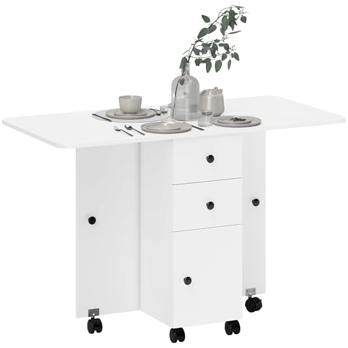 HOMCOM Table de Cuisine Pliable Table à Manger Pliante 2 Plateaux rabattables avec 2 tiroirs 1...