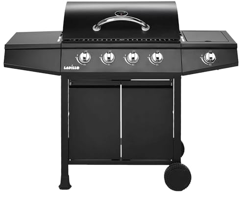 eacommerce - Barbecue a Gas 4+1 Bruciatori in Acciaio Verniciato Nero | Griglia in Ghisa Smaltata | Termometro Integrato | Mobiletto con 2 Ante, 4 Fuochi
