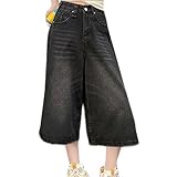 [アイカ] デニム ガウチョ パンツ ワイド キュロット ジーンズ ジーパン Gパン ヴィンテージ 七分丈 半端丈 Aライン フレア ハイウエスト カジュアル ゆったり 大きいサイズ 体型カバー レディース Mサイズ ブラック