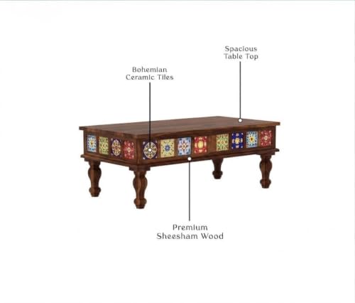 Image of JEENWOOD Sheesham Wood Rectangle Center Coffee Table for Living Room | Centre Table for Drawing Room, Office & Home | Multicolor Tiles Design| Walnut Finish