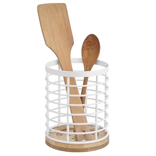 QIWODE Soporte para Utensilios de Cocina, Cesto redondo para cubiertos, organizador de utensilios de cocina para cucharas, espátulas, cuchillos y tenedores, metal y bambúl, blanco