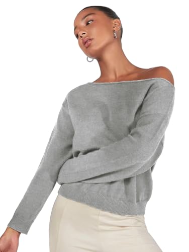 Image of SKAYS Off The Shoulder Sweater Women, Shoulder Slouchy Knit Pullover, Solid Asymmetrical Neck Drop Shoulder Sweater