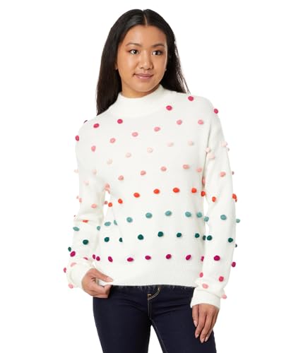 Image of CeCe Women's Mock Neck Rainbow Pompom Sweater