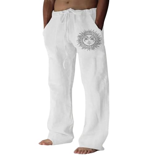 Puimentiua Cotton Linen Pants Men, Summer Beach Pants Loose Fit with Elastic Waist Drawstring White