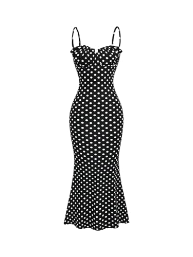 GORGLITTER Womens Polka Dots Fishtail Long Cami Dresses Ruched Bodycon Vintage Elegant Dress Black and White M