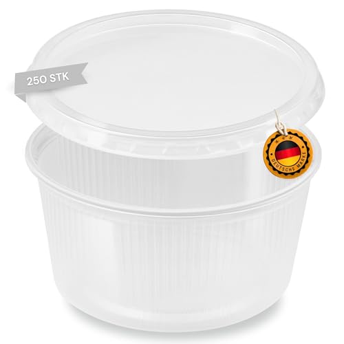 Vasos redondos de 250 ml, diámetro de 101 mm x 51 mm, 250 unidades, de plástico, para aperitivos, ensaladera de polipropileno (PP), apto para alimentos, apilable, fabricado en Alemania