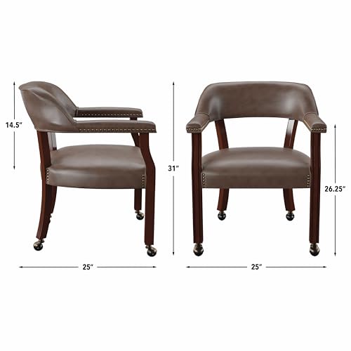 Steve Silver Furniture Tournament Arm Chair w/Casters, Dining Chair with Casters, Upholstered w/Nailhead Trim, for Living Room, Dining Room, Vegan Leather, 25" W x 25" D x 31" H, Brown