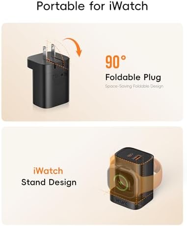VRURC Fast Charger for iPhone, PD 20W USB C Wall Charger Dual Ports, 3-in-1 Foldable Charging Block Built in Magnetic Watch Charger Station for Apple Watch Ultra/10/9/8/7/6/5/4-Black