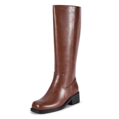 Image of ZJA Knee High Boots Women,Square Toe Chunky Block Low Heel Tall