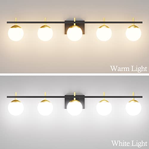 Image of Ralbay Mid Century Modern Bathroom Vanity Light Fixture 5 Light Milky Glass Globe Modern Bathroom Light Fixture Over Mirror, Black /Golden 5 Light
