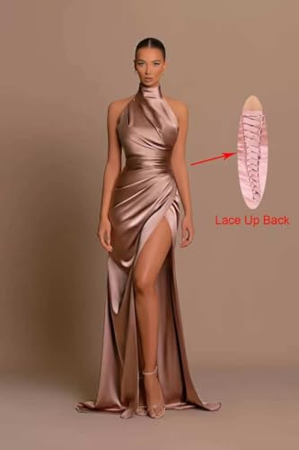 Halter Mermaid Bridesmaid Dresses with Slit Long Satin Prom Dresses for Women Formal Party Gowns3