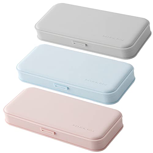 Lot de 3 boîtes à crayons en plastique - Portable - En polypropylène - Pour l'école - Cadeau de Noël pour fille/enfant/adulte, Gris, rose, bleu, Mode Cover