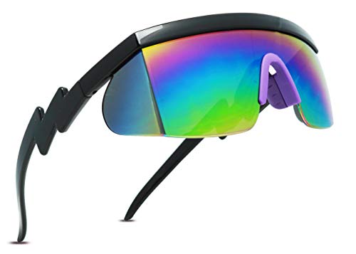 ShadyVEU Semi Rimless Neon Rainbow Mirrored Lens Sports Performance Sunglasses Black Half Frame ZigZag Arms Purple Nose Pads
