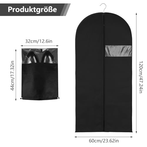 RosewineC 2 Stück Kleidersack mit Schuhbeutel, 120 x 60 cm Schwarz Kleidersäcke mit Reißverschluss, Mottensicher Anzugtasche Lang Kleidersack zur Aufbewahrung Kleiderhülle für Kleider Hemden