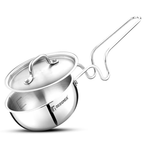 Image of BERGNER Argent Triply 12cm (500ml) Tadka Pan /Vagar /Vaghariya Pan for Spice Seasoning, Tempering, Ergonomic Stay Cool Touch Handle, Faster and Even Heat Distribution - Induction and Gas Stove Ready