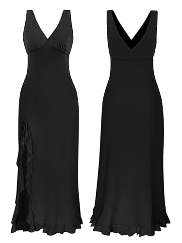 Women's Sexy V Neck Sleeveless Mesh Ruffles Hem High Slit Bodycon Maxi Casual Backless Cocktail Wedding Guest Party Dress3