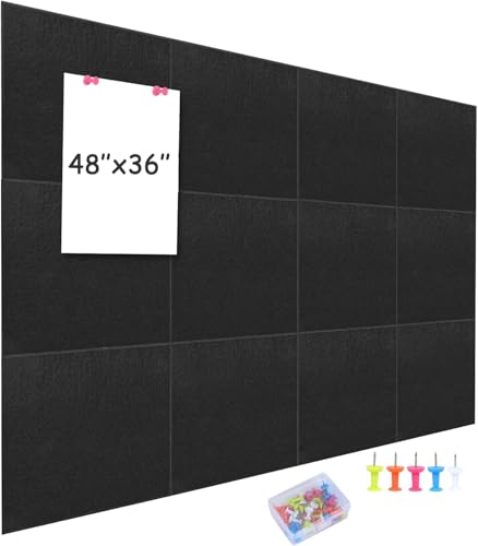 testyu 12 Pieces Felt Bulletin Board, 120x90cm Self Adhesive Thick Notice Pin Board Wall Tiles for Photos Memos, Felt Cork Panel Notice Boards for Home, Kitchen, Office, School (Black)