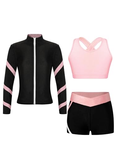 Hansber Kids Girls 3Pcs Dance Sports Outfits Crop Top Booty Shorts with Long Sleeve Jacket Gymnastics Yoga Active Set
