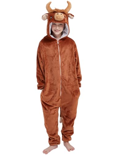 ABENCA Highland Cow Onesie Kids Costume Animal Girls One Piece Pajamas Cosplay Halloween Christmas.Brown.130