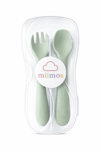 miimos Cubiertos Bebé Silicona BLW con Estuche de Viaje | Cuchara y Tenedor Ergonómicos Sin BPA | Set Guardería y Aprendizaje Autónomo