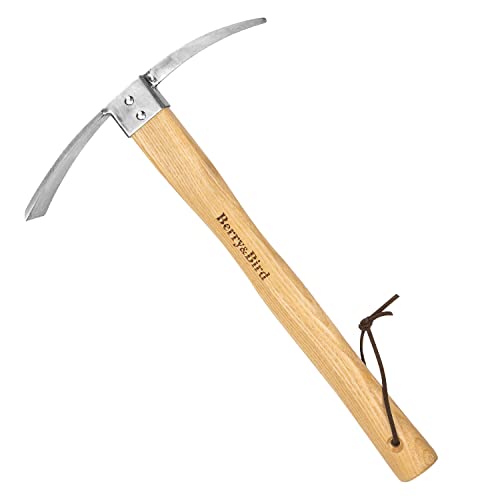 Berry&Bird Stainless Steel Pick Axe Heavy Duty Gardening Pickaxe with Ergonomic Ash Wooden Handle Leather Lanyard & Diamond-Shaped Mattock Hoe for Digging Loosening Soil Transplanting