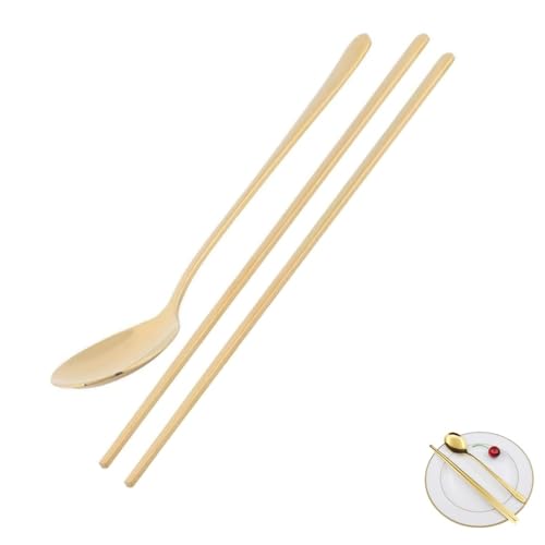Juego de cucharas de palillos dorados, juego de cubiertos portátiles reutilizables, bonito juego de cucharas coreanas de acero inoxidable para viajes en casa (dorado)