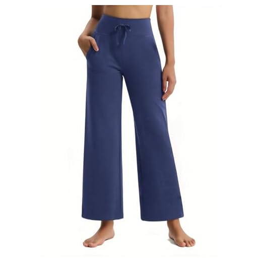 Emlovm Calça de moletom feminina forrada com lã, pernas largas, resistente à água, térmica, para ioga, caminhadas, botas soltas com bolsos, Azul, G
