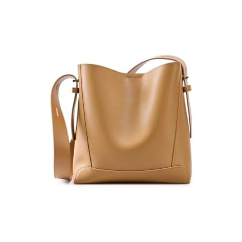 JIUFENG Leather Handbags for Women, Soft Shoulder Tote Crossbody Purses Bucket Bags with Adjustable Strap Khaqi Cover