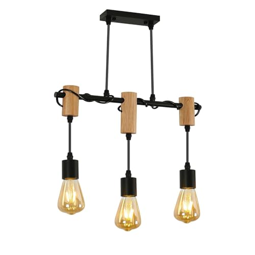 DAXGD Lampade a Sospensione Vintage, Lampadario da Soffitto Retro in Legno e Metallo, Plafoniere Soffitto E27 per Cucina Sala da Pranzo Soggiorno, 3 lampadine non incluse, max 60W
