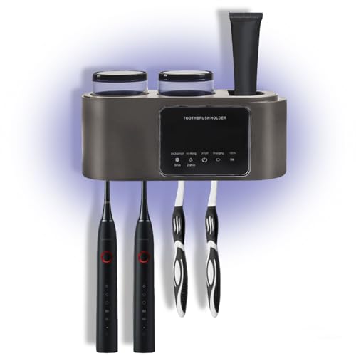 Porta Spazzolino Uv, Porta Spazzolino Igienizzante Da Muro Porta Spazzolini Disinfettante Dispenser Per Spazzolini E Dentifricio 4 Toothbrush Slot+2 Tazze Portaspazzolino Uv E Asciugatura (Grigio)