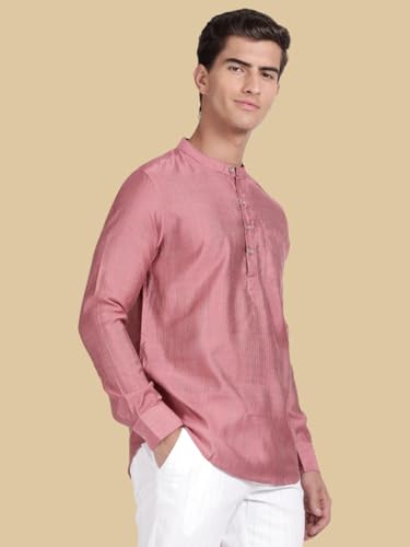 Image of KRYPTIC Men's Full Sleeve Regular Fit Short Kurta in Premium Pure Cotton with Patch Pocket and Mandarin Collar - Perfect Blend of Style and Comfort