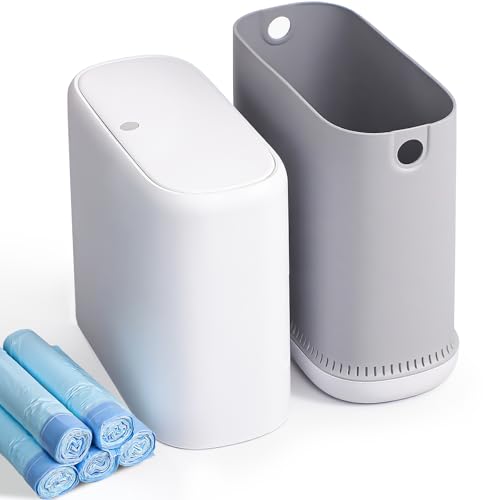 Purexa 3 Gallon Slim Small Bathroom Trash Can with Lid, White Dog Proof Garbage Can with Air-Press Bag Expander & Removable Bucket, Narrow Bathroom Waste Basket for Bedroom, Office, Dorm