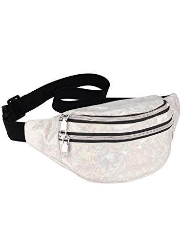 LIVACASA Fanny Packs for Women Girls Holographic Fanny Pack Shiny Fashinable Cute Stylish Waist Pack Bag for Women Kids Party Festival White