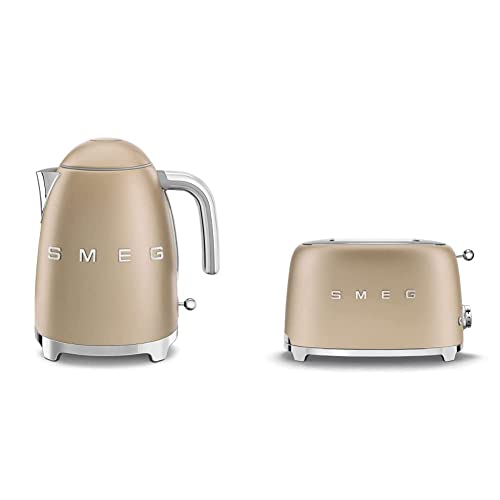 SMEG Matte Champagne Breakfast Set – 2-Slice Retro Toaster & 7-Cup Electric Kettle – Italian-...