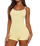 Lacozy Women Sexy Pajamas 1 Piece Cute pjs Lace Short Romper U Neck Sleeveless Summer Onesie Lounge Sleepwear Yellow M
