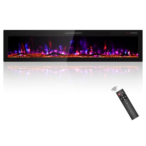 BREEZEHEAT 80 Inch Electric Fireplace Recessed and Wall Mounted, Ultra Slim Linear Fireplace Heater 750/1500W w/Log, HD Realistic Flame, Lower Noise, 8H Timer