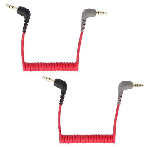 BTFO 2pcs 3.5mm TRS Microphone Cable, Coiled Male to Male Audio Patch Cord Compatible with DSLR Cameras DJI Mic 2 & Rode Microphone Wireless Pro Accessories (Red, Black, Gray)