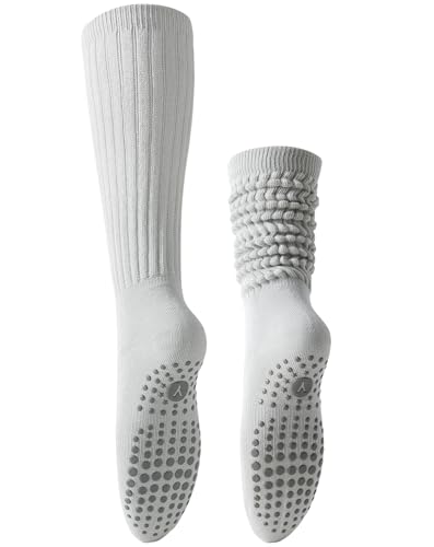 Image of Yawlsow Pilates Socks with Grips for Women Yoga Ruffle Grippy Non Slip Long Slouchy Scrunch Socks for Barre Workout Hospital