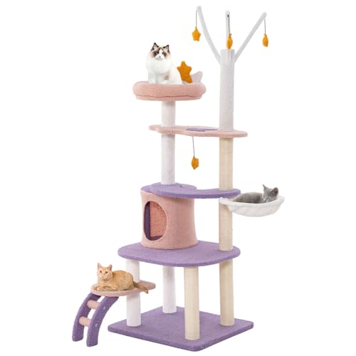 PETSITE Star and Moon-Themed Cat Tree Tower, Multi-Level Modern Cat Tower with Sisal Scratching Posts, Cat Condo, Side Hammock, Hanging Dangling Toys, Cute Cat Tree for Indoor Cats (62 Inch Tall)