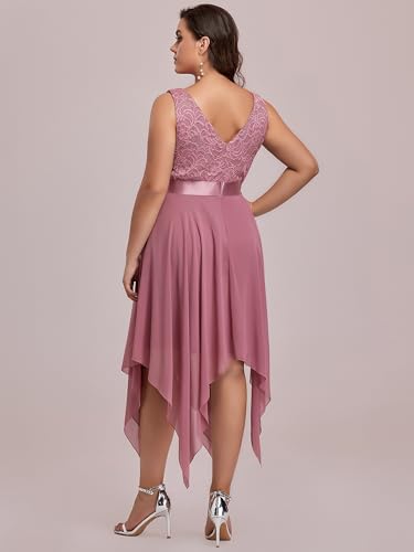 Image of Ever-Pretty Plus Women's V Neck Sleeveless Asymmetric Hem Lace Chiffon Short Summer Plus Size Wedding Guest Dresses Orchid US22