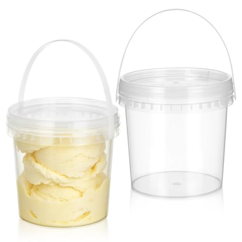 Image of DOITOOL 2Pack Clear Plastic Bucket with Lid and Handle 34 oz / 1L Reusable Ice Cream Tub with Lids, Food Grade Round Plastic Pail Container, Freezer Safe Food Storage Containers for Drinks