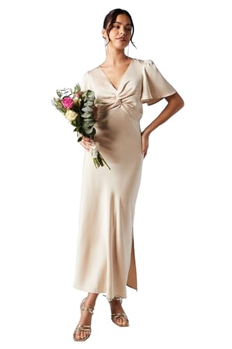 Oasis Satin Twist Front Angel Sleeve Midi Bridesmaid Dress, 14, Champagne