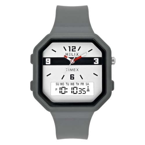 Helix by Timex Ana Digital Watch for Man with Grey Octogonal Dial & Grey Silicone Strap Band Water Resistant Men's Wrist Watches - TWESK6602T