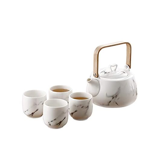 LIONWEI LIONWELI Japanese Classic Marble Ceramic Tea Set with Flower Pattern,Teapot & 4 Teacups.