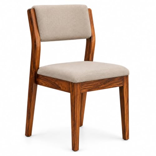 Image of Genuine Decor Solid Sheesham Wood Dining Chairs Set of 2, Beige Upholstered Cushioned Seat, Rustic Teak Brown Finish, Wooden Dining Chair for Dining Room, Kitchen & Living Room, Made in India