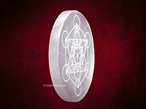 Image of Crystal Heaven Certified Selenite Charging Plate,4 Inch Engraved Metatron Cube Selenite Plate For Crystal Cleansing Re-Energy Work,Meditation And Pooja