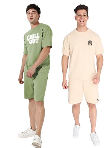 Image of Zombom Combo of Men's Night Suit | Men's Co-ord Set | Lounge-wear Nightdress Pajama Set | Summer Night Wear | Solid Plain Casual Pajama Shorts Set | Beach Wear Pack of 2